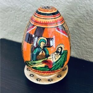 Vinrage Russian Egg Hand Painted Lacquer Religious Icon Wood With Stand